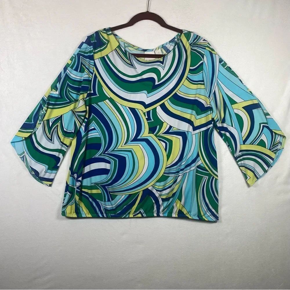 Chico's Modern Movement Cold Shoulder 3/4 Sleeve Multi Color Top Size 3